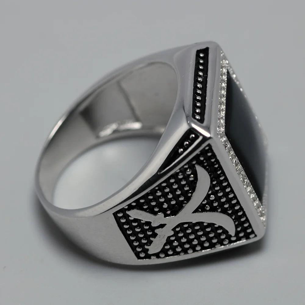 Real Solid 925 Sterling Silver Rings for Man with Stones Black Natural Onyx Micro Paved Cubic Zircon Cross Broadsword Pattern - GQTORCH Jewelry