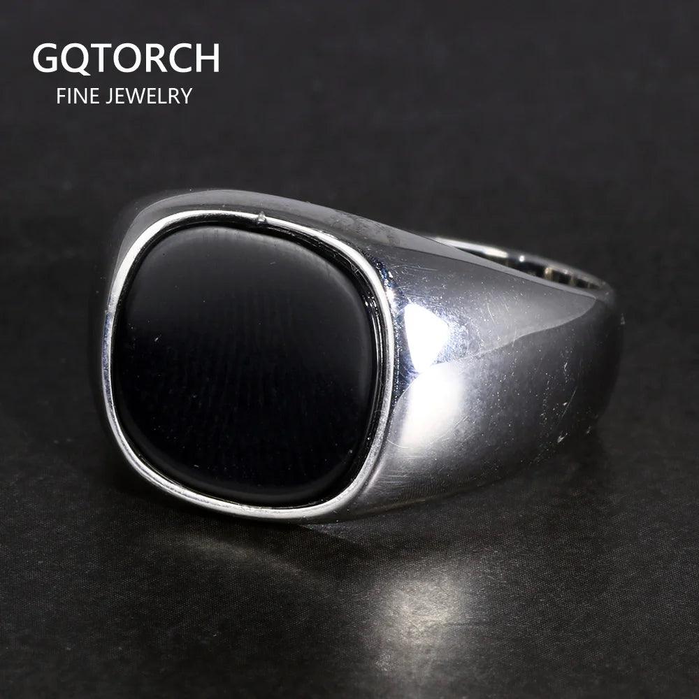 Real Pure Silver s925 Mens Rings Minimalist Turkish Rings Man Simple Finger Rings With Natural Onyx Stones Turkish Jewellery - GQTORCH Jewelry