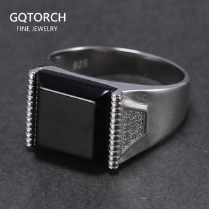 Solid Silver 925 Mens Rings Minimalist Turkish Rings For Men Black Square Natural Stone Turkey Male Jewelry Bague Homme - GQTORCH Jewelry
