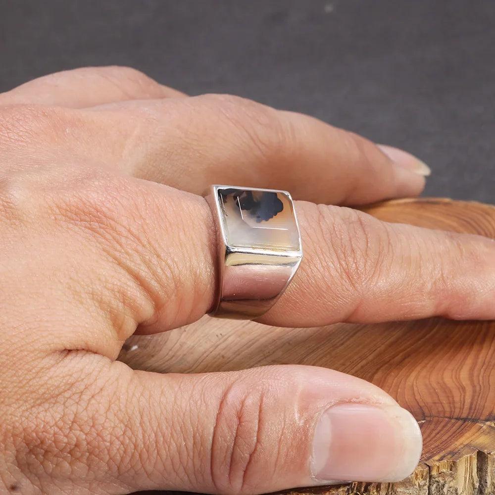 Real Pure 925 Sterling Silver Mens Rings with Natural Agate Original Color Simple Turkish Rings Trendy Male Jewelry - GQTORCH Jewelry