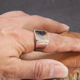 Real Pure 925 Sterling Silver Mens Rings with Natural Agate Original Color Simple Turkish Rings Trendy Male Jewelry - GQTORCH Jewelry
