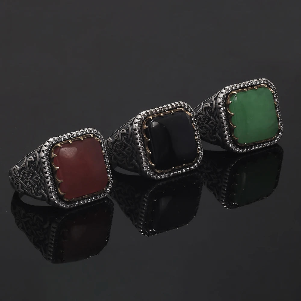 Solid S925 Silver Vintage Natural Stone Signet Ring Red Black Agate Green Jade Flower Engraved Fashion Turkish Wedding Jewelry