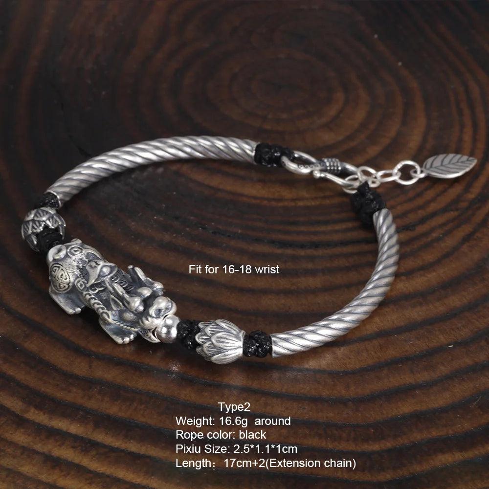 999 Silver Men and Women Pixiu Lucky Handmade Bracelet Leather Rope Adjustable Bracelet Lotus Leaf Fashion Animal Fish Jewelry - GQTORCH Jewelry