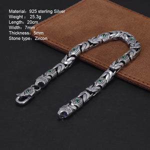 Real Pure 925 Sterling Silver 7mm Peace Pattern Bracelet for Men's Vintage Punk Set Zircon Armband Jewelry Best Gift