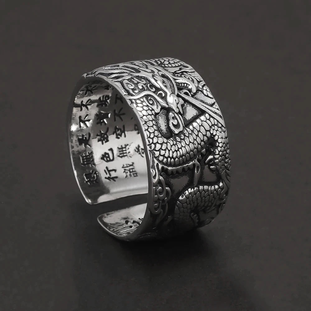 925 Sterling Silver Dragon Ring Heart Sutra Engraved Men Women Opening Type Punk Retro Buddhist Jewelry Accessories