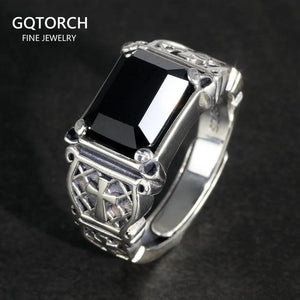Vintage Punk Silver 925 Jewelry Signet Mens Rings Cross Engraving Natural Black Stone Onyx Rings Christian Jewelry Opening Type - GQTORCH Jewelry