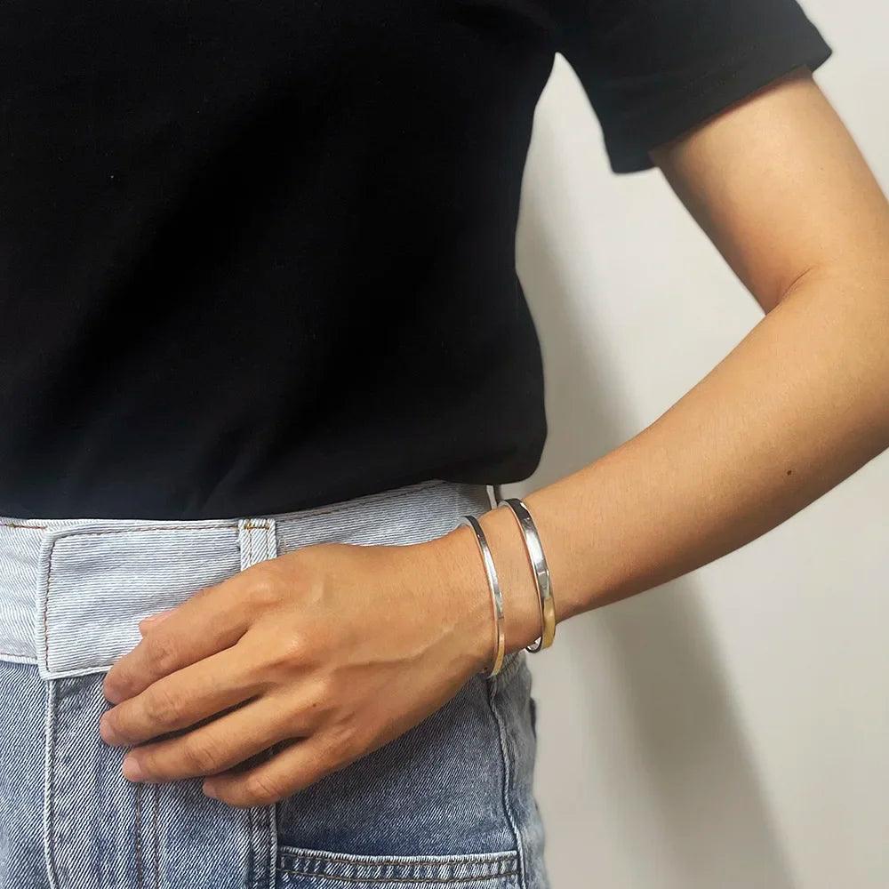 Real 999 Sterling Silver Simple Smooth Cuff Bracelet Men and Women Shining Craft Couple Bangle Minimalism Jewelry - GQTORCH Jewelry