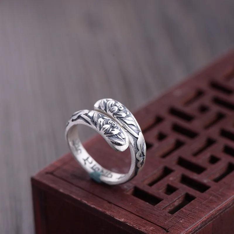 Real Pure 999 Sterling Silver Lotus Cuff Bracelet For Women Flower Engraving Buddhist Jewelry - GQTORCH Jewelry