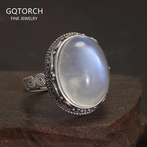 Stamped 925 Sterling Silver Moonstone Ring for Women 12*16mm Oval-Shaped Natural Gemstone Carved Flower Adjustable Vintage Ring - GQTORCH Jewelry