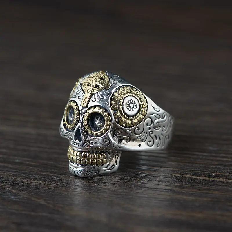 Real Solid 925 Sterling Silver Sugar Skull Rings For Men Mexican Rings Retro Gold Color Cross Sun Flower Engraved Punk Jewelry - GQTORCH Jewelry