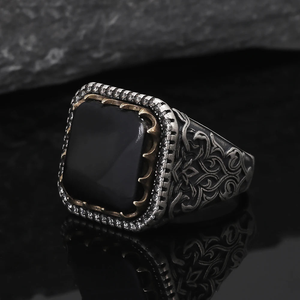 Solid S925 Silver Vintage Natural Stone Signet Ring Red Black Agate Green Jade Flower Engraved Fashion Turkish Wedding Jewelry