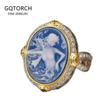 925 Sterling Silver Blue Agate Goddess Cameo Ring for Women Statement Rings White Shell Two Tone Trending Jewelry Accessories