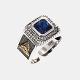 Men's Square Blue Zircon signet Ring 925 Sterling Silver with Vintage Bird God's Eye Punk Adjustable Jewelry