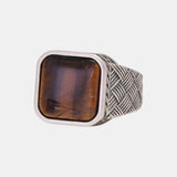 Real Pure 925 Sterling Silver Ring Antique Vintage Men's Ring Natural Agate Tiger Eye Fine Jewelry