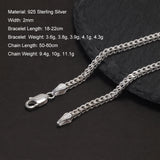 2mm 925 Sterling Silver Franco Chain Necklace & Bracelet with Lobster Clasp Men Boy Women High Polished Punk Rock Party Jewelry