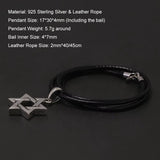925 Sterling Silver Minimalist Jewish Star Pendant Necklace Black Leather Braided String Choker Six-pointed Star Retro Jewelry
