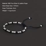 Handmade 999 Pure Silver Beads Black Rope Braided Charms Bracelet Lucky Bamboo Leather Rope Adjustable Wristband Retro Jewelry