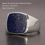 Genuine 925 Sterling Silver Men Rings with Natural Agate Malachite Lapis Square Stone Minimalist Rings Male Jewelry