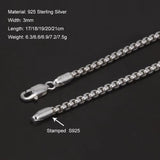 925 Sterling Silver 3mm Square Rolo Link Round Box Chain Bracelet for Men Handmade Fashion Jewelry Accessories