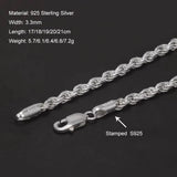 3.3mm 925 Sterling Silver Classic Twist Rope Chain Link Bracelet Unisex Diamond-Cut Braided Rope Bracelet Fashion Jewelry