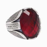 Real Pure 925 Sterling Silver Rings With Red Color Zircon Stone Faceted Wedding Rings For Men Vintage Turkish Jewelry