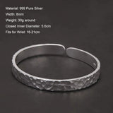 9999 Pure Silver Hammered Bracelet for Men and Women 8mm Retro Open Cuff Bangle Handmade Vintage Fashion Party Jewelry
