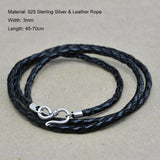 3mm Handmade Braided Necklace Genuine Leather Black Rope Twisted 4 Strands Cord With Vintage 925 Sterling Silver Fish Hook Clasp