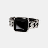 Genuine 925 Sterling Silver Chain Rings With Black Agate Inlaid Adjustable Size Natural Stone Ring Fine Jewelry