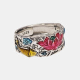 Sterling Silver S925 Women's Enamel Carp Lotus Ring Antique Hollowed Out National Style Jewelry