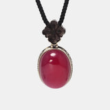 Genuine Solid 925 Silver Vintage Simulated Red Ruby Pendant Women Necklace Sandalwood Rope Braided Female Necklace Jewelry