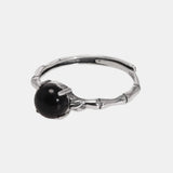 Antique 925 Sterling Silver Women's Bamboo Ring Round Natural Onyx Black Stone Adjustable Size Open Type Fine Jewelry