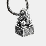 925 Sterling Silver Seal Pendant Necklace Carved Chinese "Bring in Wealth and Treasure" with Four Sacred Animal Amulet Jewelry