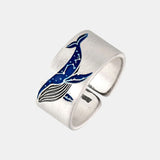 True 999 Sterling Silver Simple Open Enameling Ring Leaf Whale For Men and Women Vintage Matte Fine Jewelry