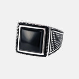 925 Sterling Silver Mens Ring with Black Natural Agate Stone Simple Geometric Design Wedding Rings for Men Size 7-13