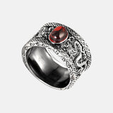 Guananteed S925 Sterling Silver Ring Vintage Garnet Black Agate Double Dragon Play Bead Wide Ring Wholesale