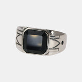 Solid 925 Sterling Silver Vintage Punk Simple Boys Ring with Natural Black Onyx Square Stone Carving Pattern Silver Jewelry