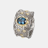 Genuine S925 Sterling Silver Statement Ring with Natural Topaz For Women Hollow Exaggerated Wide Ring Luxury Jewelry Gift