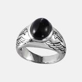 925 Sterling Silver Ring for Men and Women Vintage Thai Silver Angel Wing Cross Black Agate Ring Inlaid with Gemstones Jewelry