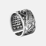 999 Pure Silver Jewelry Original Design Koi Fish Pattern Open Ring for Men Male Fashion Free Size Buddhistic Heart Sutra Rings