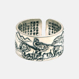 Real 990 Pure Silver Mens Biker Rings With Elephant Engraved Vintage Punk Style Heart Sutra Engraved Buddhism Animal Jewelry