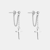 Real Sterling Silver S925 Jesus Cross Vintage Punk Style Earrings Chain Religious Jewelry for Men and Women