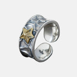 S925 Sterling Silver Vintage Thai Silver Open Ring for Men and Women Fashionable Golden Pentagram Couple Ring