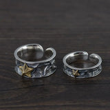 S925 Sterling Silver Vintage Thai Silver Open Ring for Men and Women Fashionable Golden Pentagram Couple Ring