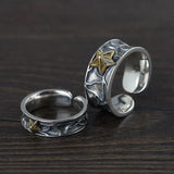 S925 Sterling Silver Vintage Thai Silver Open Ring for Men and Women Fashionable Golden Pentagram Couple Ring