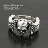 Sterling Silver 925 Punk Hip Hop Style Jewelry Ring Personality Wing and Skull Shape Opening Resizable Ring Valentine's Day Gift