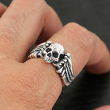 Sterling Silver 925 Punk Hip Hop Style Jewelry Ring Personality Wing and Skull Shape Opening Resizable Ring Valentine's Day Gift