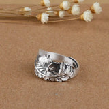 Fashion Pure 925 Sterling Silver Jewelry Matte Women's Chinese Style Lotus Flower Open Ring