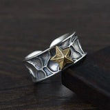 S925 Sterling Silver Vintage Thai Silver Open Ring for Men and Women Fashionable Golden Pentagram Couple Ring