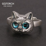 Genuine 925 Sterling Silver Cat Head Ring Ladies Girl Lovers Retro Animal Adjustable Ring Jewelry Gift