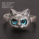 Genuine 925 Sterling Silver Cat Head Ring Ladies Girl Lovers Retro Animal Adjustable Ring Jewelry Gift